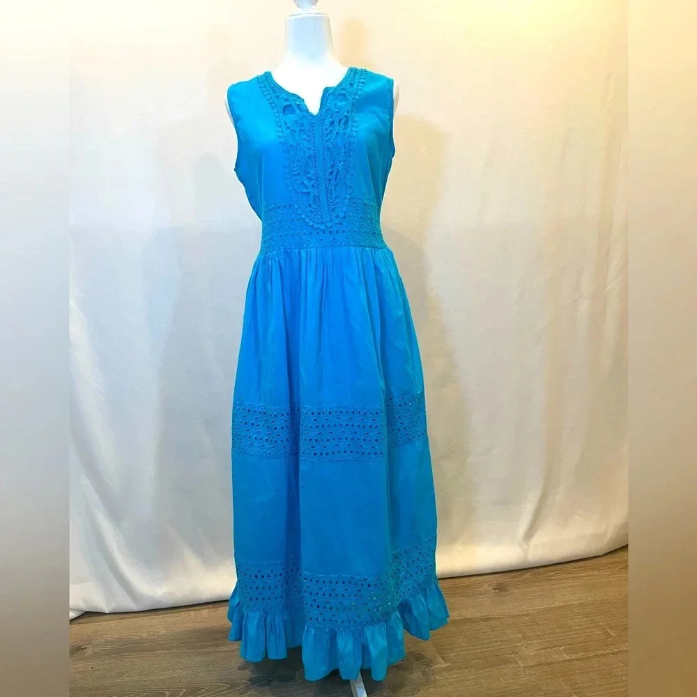 Jessica Taylor 100% Cotton Summer Maxi Dress Sea Blue Smocked Waist V Neck M